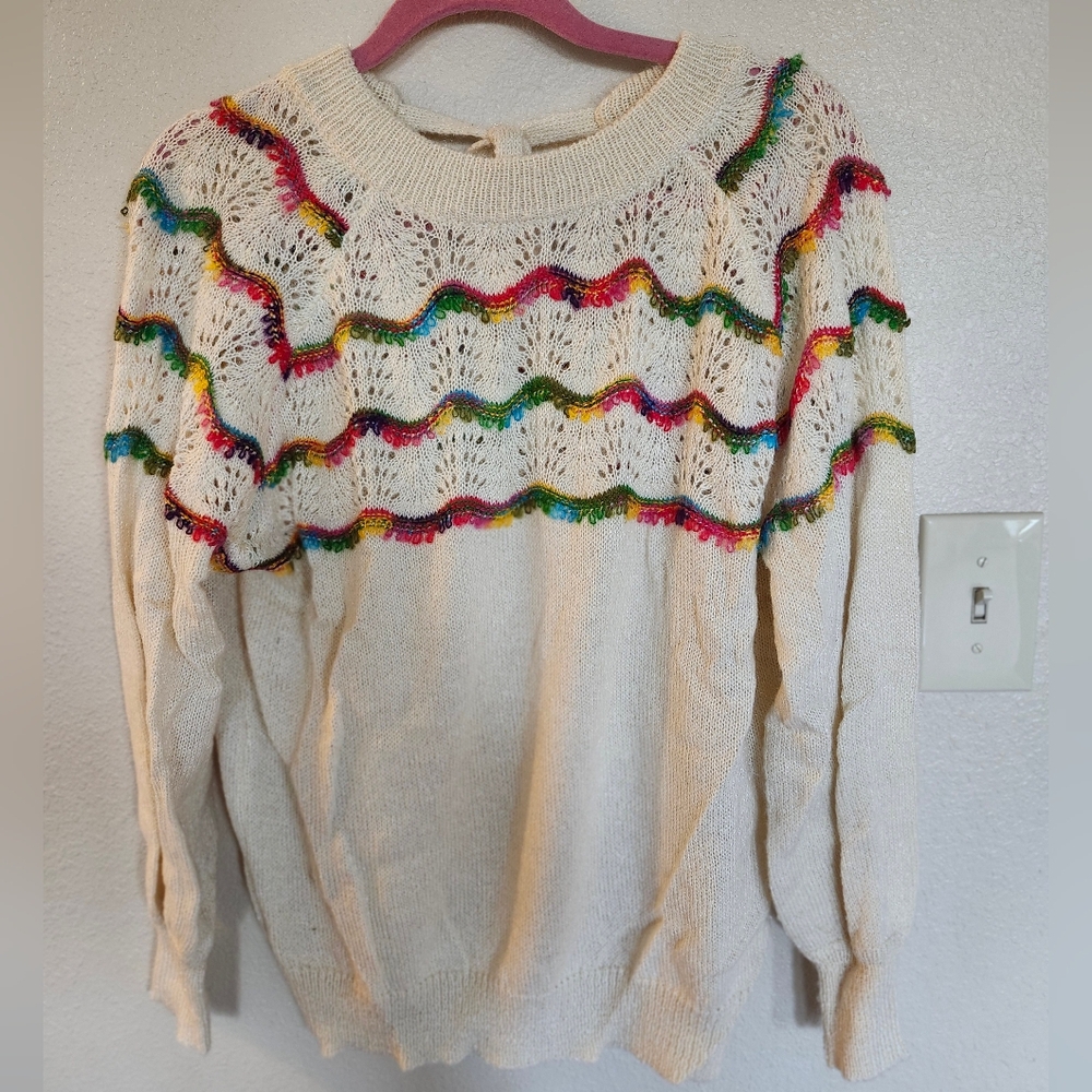 Andthewhy Crochet Rainbow Colorful Wave Pattern Woven Sweater - Picture 2 of 6
